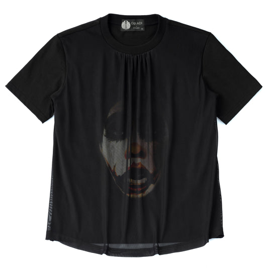 Clown Face Printing Behind Curtain Black Mesh on Black T-shirt