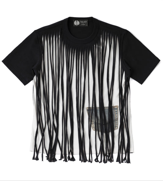 Two-Layer Fringe-Cut T-Shirt With Jeans Pocket